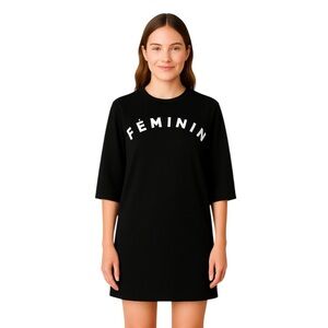 Silvian Heach Black Feminin Fleece T Shirt Dress 3/4 Sleeves